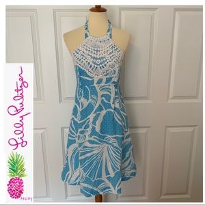 🌴Lilly Pulitzer Lagoon Blue/White Print Halter Dress